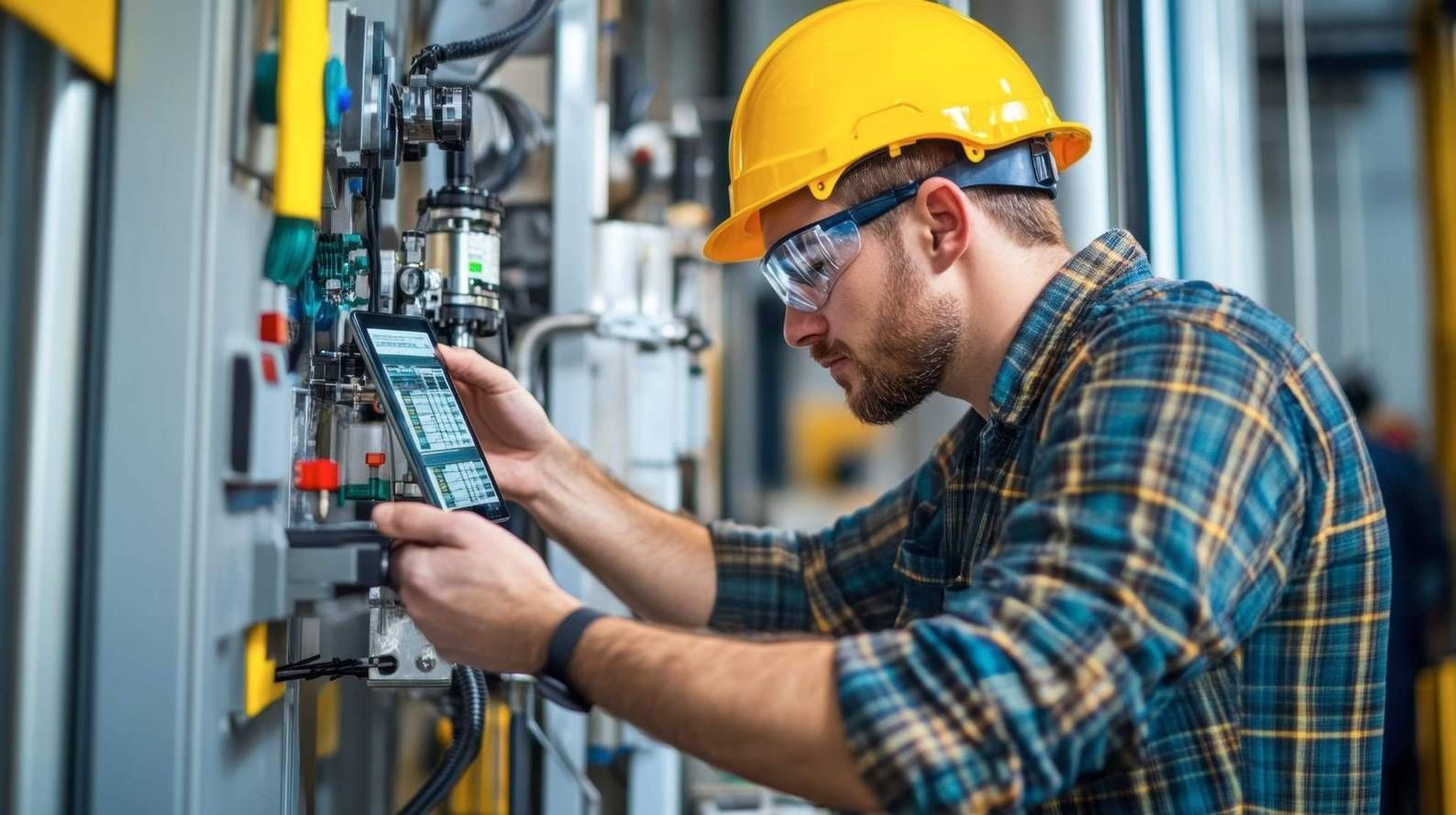 Técnico con casco amarillo utilizando un multímetro digital en equipos industriales.