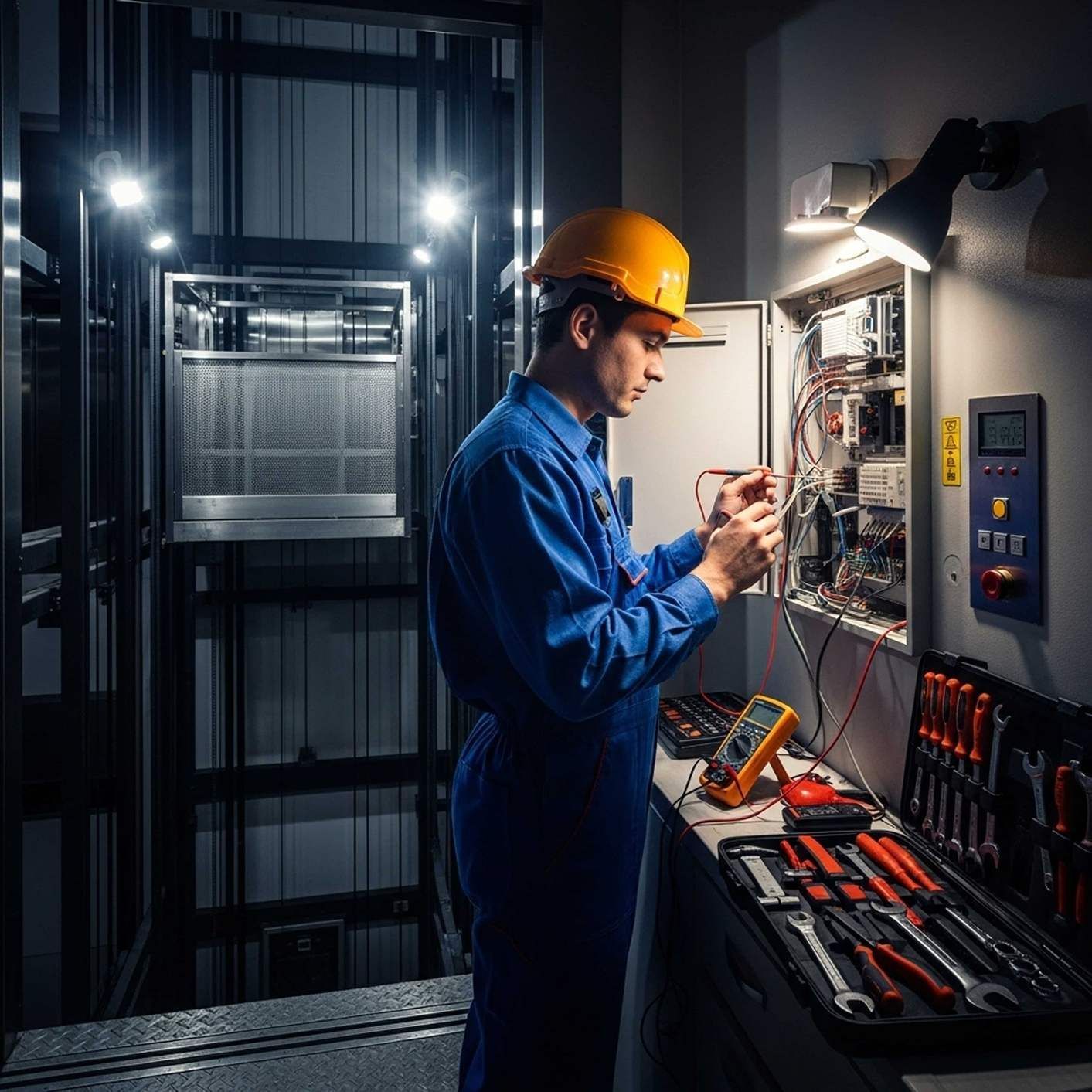 Un técnico con casco naranja repara un panel eléctrico con herramientas en una habitación industrial con poca luz.