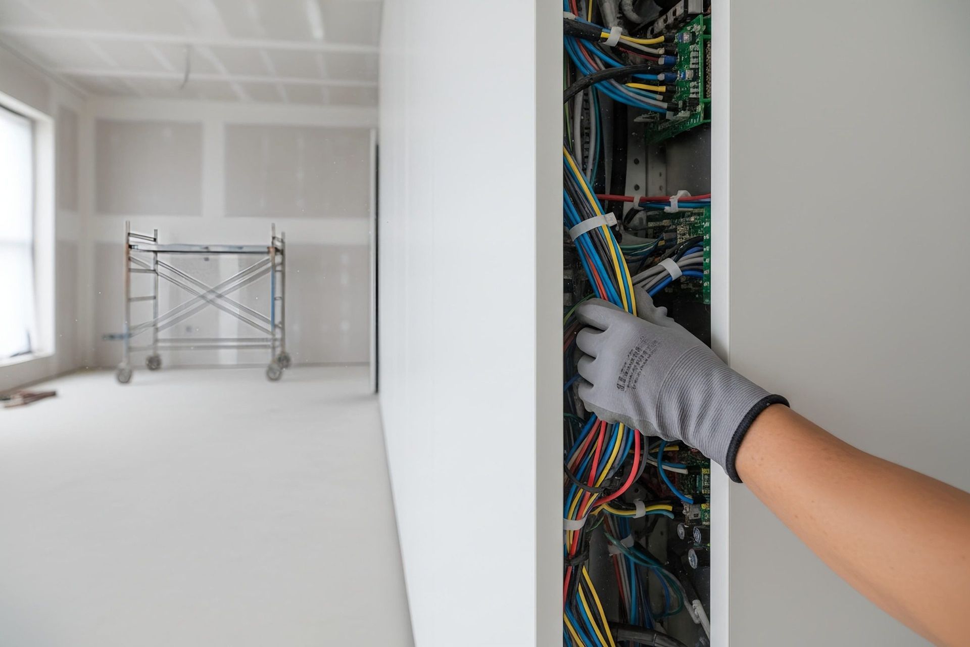 Una mano enguantada inspecciona el colorido cableado eléctrico en un panel de pared de una habitación blanca en construcción.
