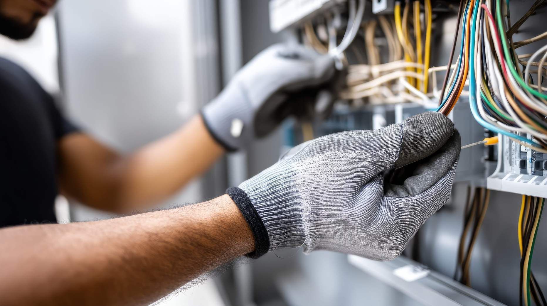 Técnico con guantes realizando el cableado de un panel eléctrico con cables y conectores multicolores.