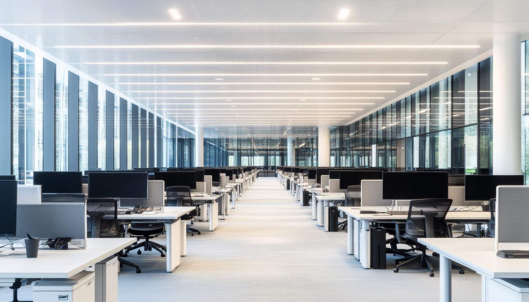 Oficina moderna de planta abierta con filas de escritorios, monitores de ordenador y grandes paredes de cristal.