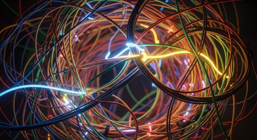 Enredo abstracto de estelas de luz multicolores y cables brillantes sobre un fondo oscuro.