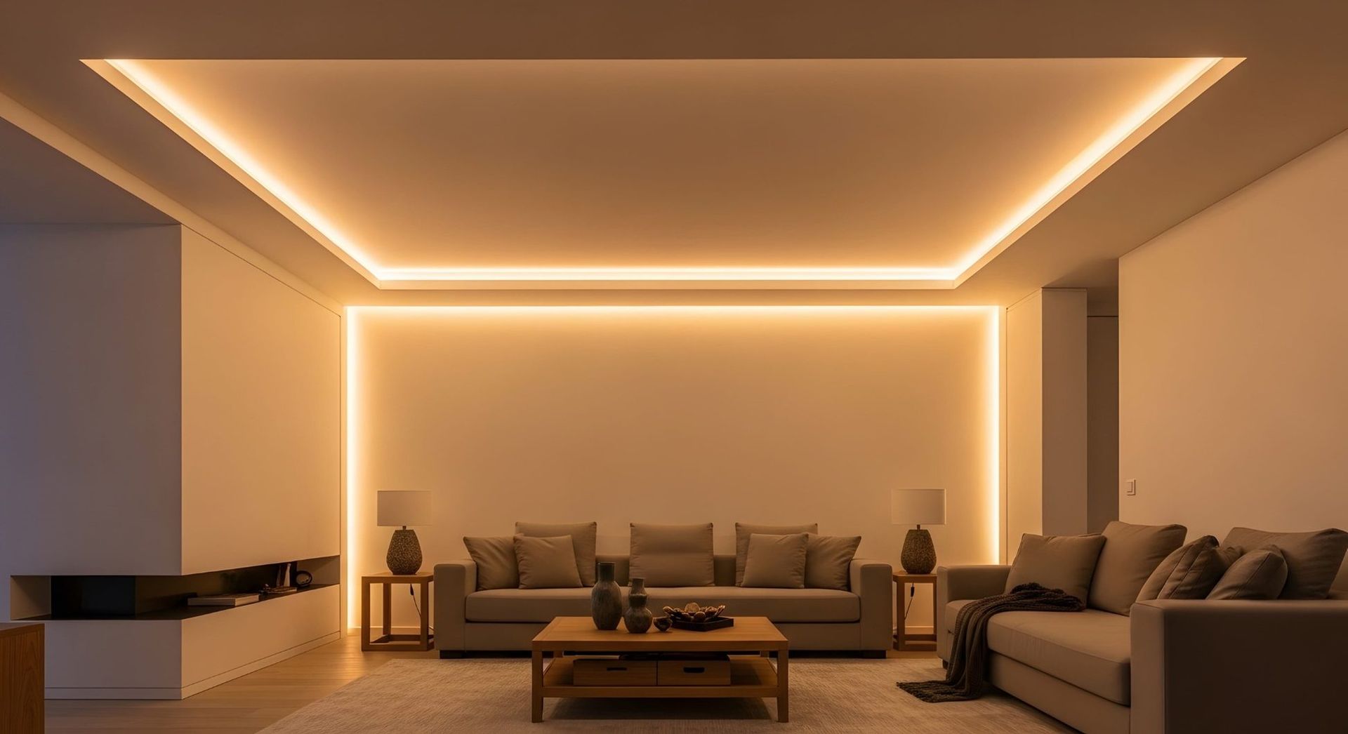Sala de estar moderna con iluminación indirecta cálida, sofás beige, una mesa de centro y decoración minimalista.