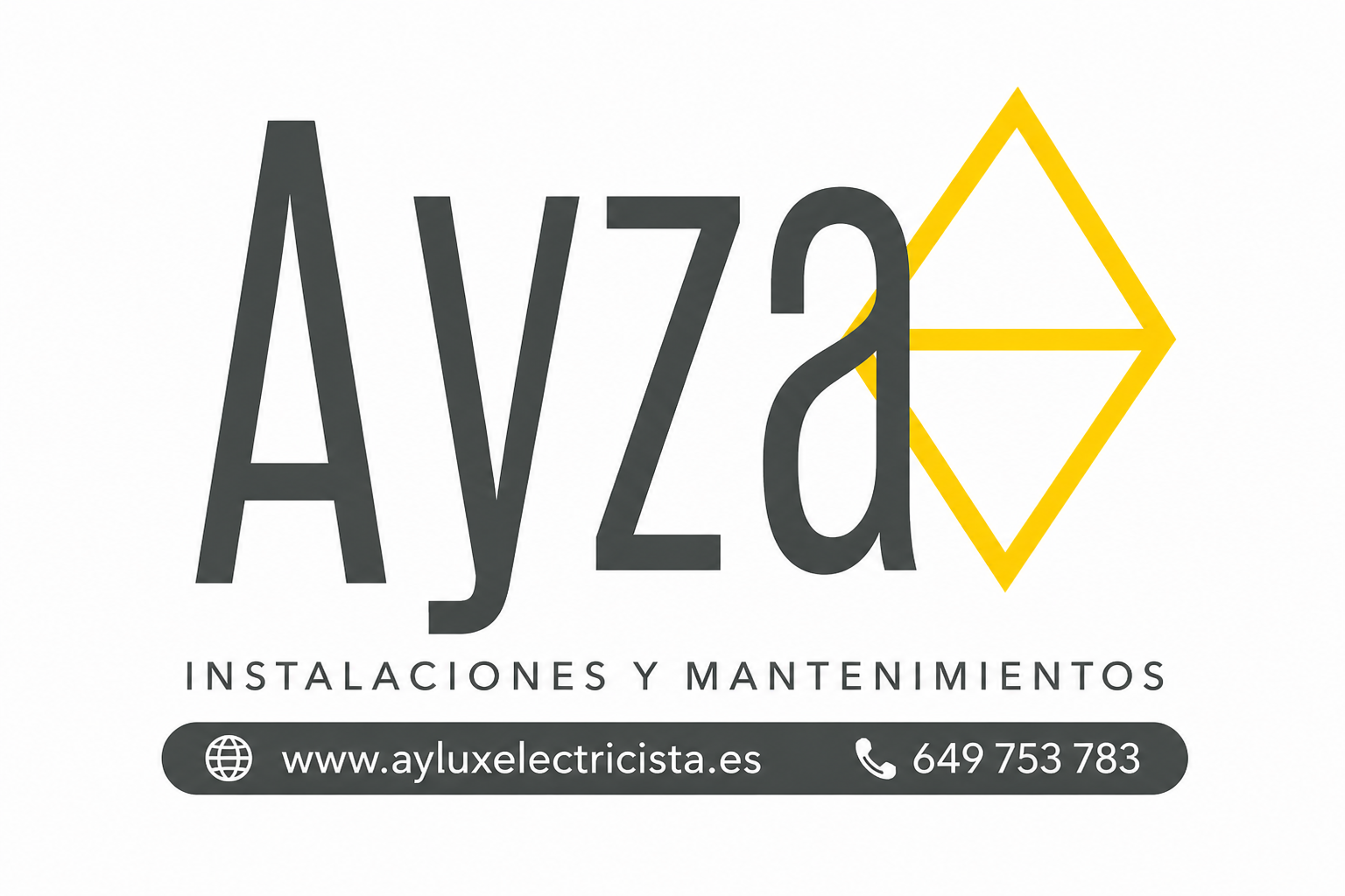 Logo de Ayza Instalaciones y Mantenimientos con texto web y tel&eacute;fono en gris y amarillo.