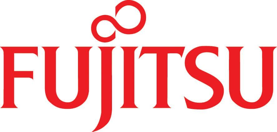 El logotipo de Fujitsu es rojo y blanco sobre un fondo blanco.