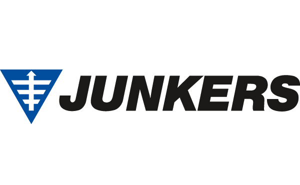 Un logotipo de Junkers con un triángulo azul sobre un fondo blanco.
