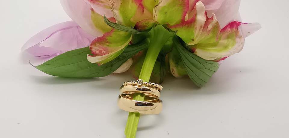 drei verschiedene goldfarbene Ringe auf einem Blütenstil