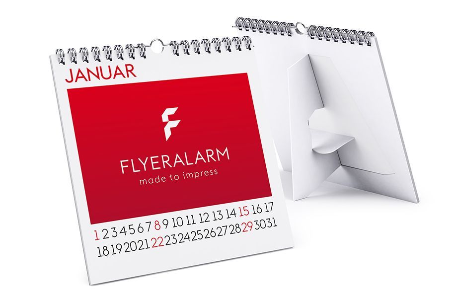 Un calendario rojo y blanco con la palabra flyeralarm.