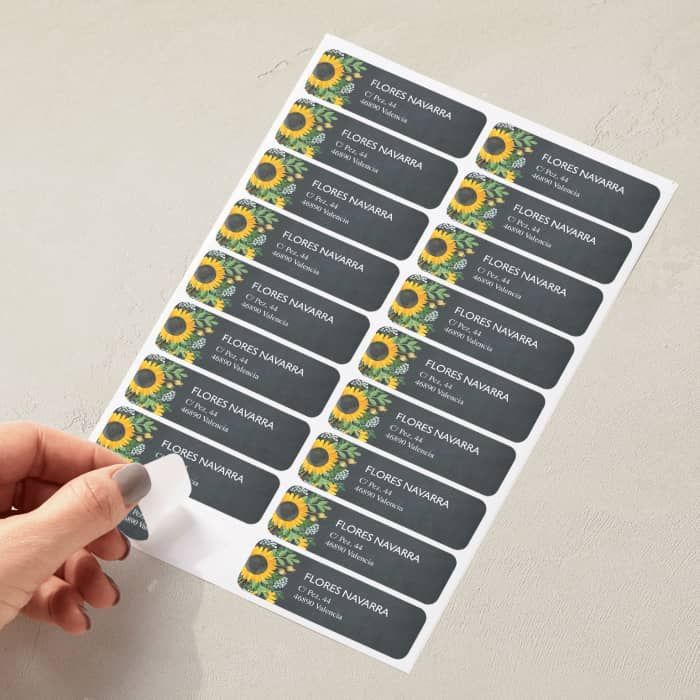 Una persona sostiene una hoja de etiquetas con girasoles.