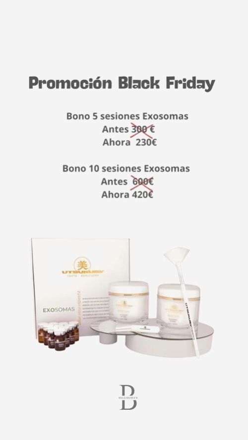 Promoción Black Friday: Descuentos en sesiones de Exosomas. Productos y texto sobre fondo blanco.