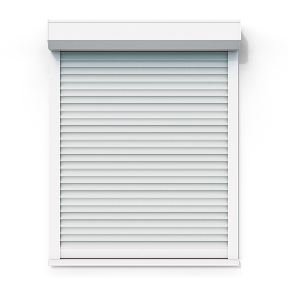 Una persiana blanca en una ventana sobre un fondo blanco.