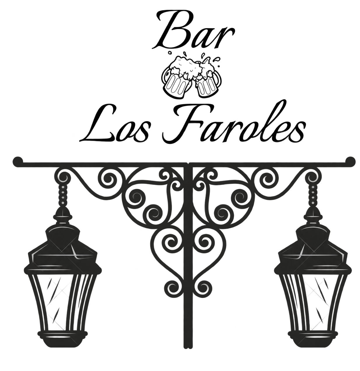 Letrero de Bar Los Faroles con faroles negros decorativos y una forja ornamental sobre fondo blanco