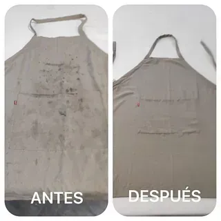 Una foto de antes y después de un delantal sucio.