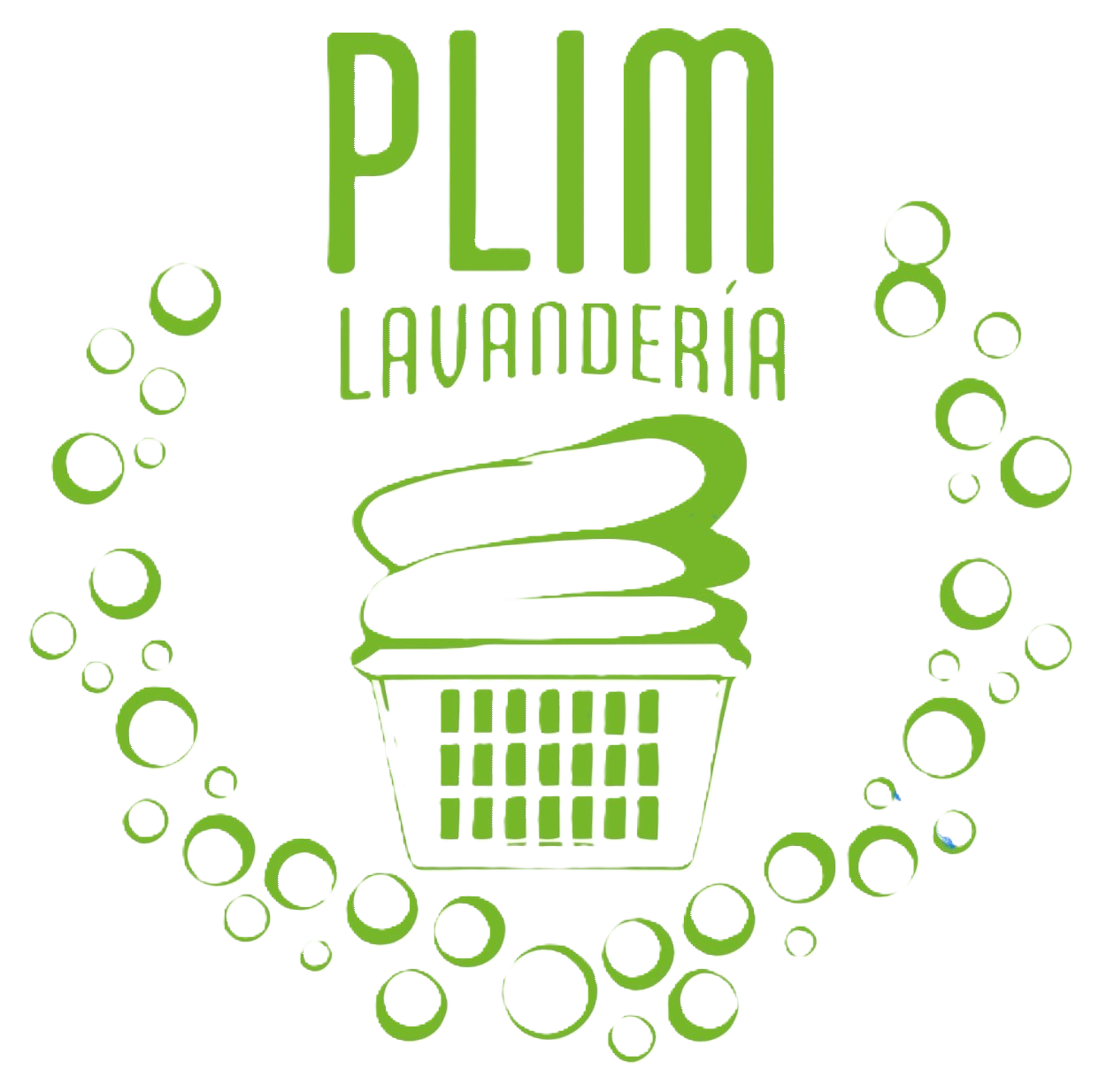 Un logotipo para una lavandería con una cesta de ropa y burbujas a su alrededor.