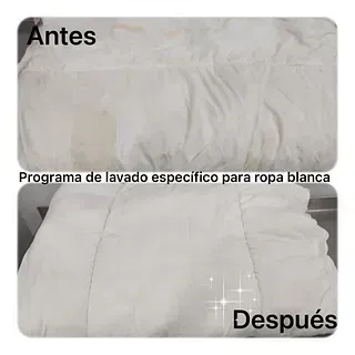 Una foto de una manta antes y después de ser limpiada.