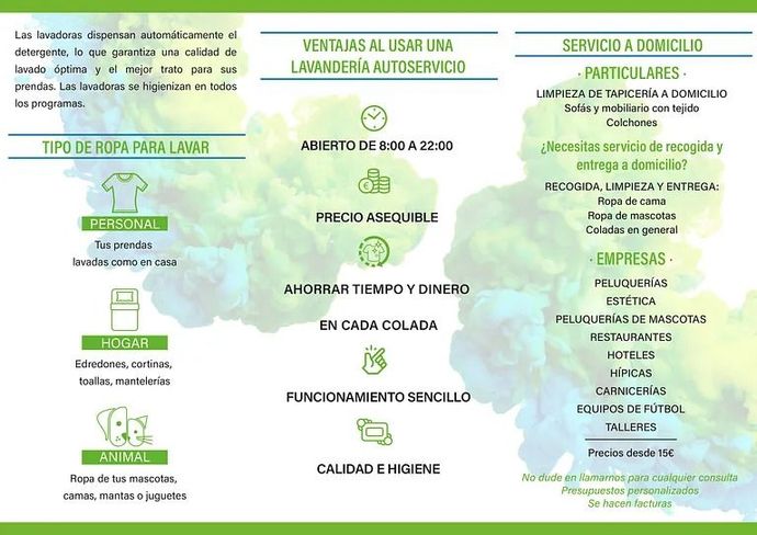 Un folleto en español muestra los beneficios de usar una lavandería automática.
