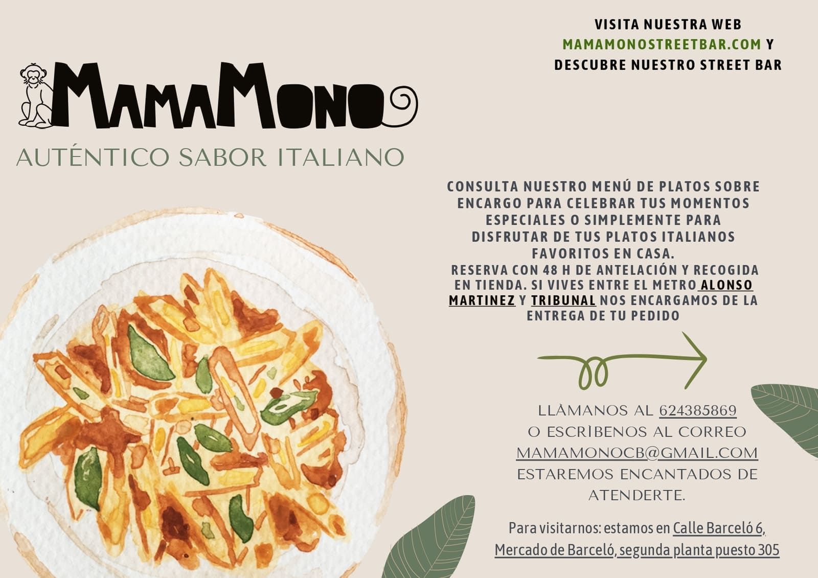 Anuncio de comida italiana MammaMondo con plato de pasta e información de contacto sobre un fondo color crema.