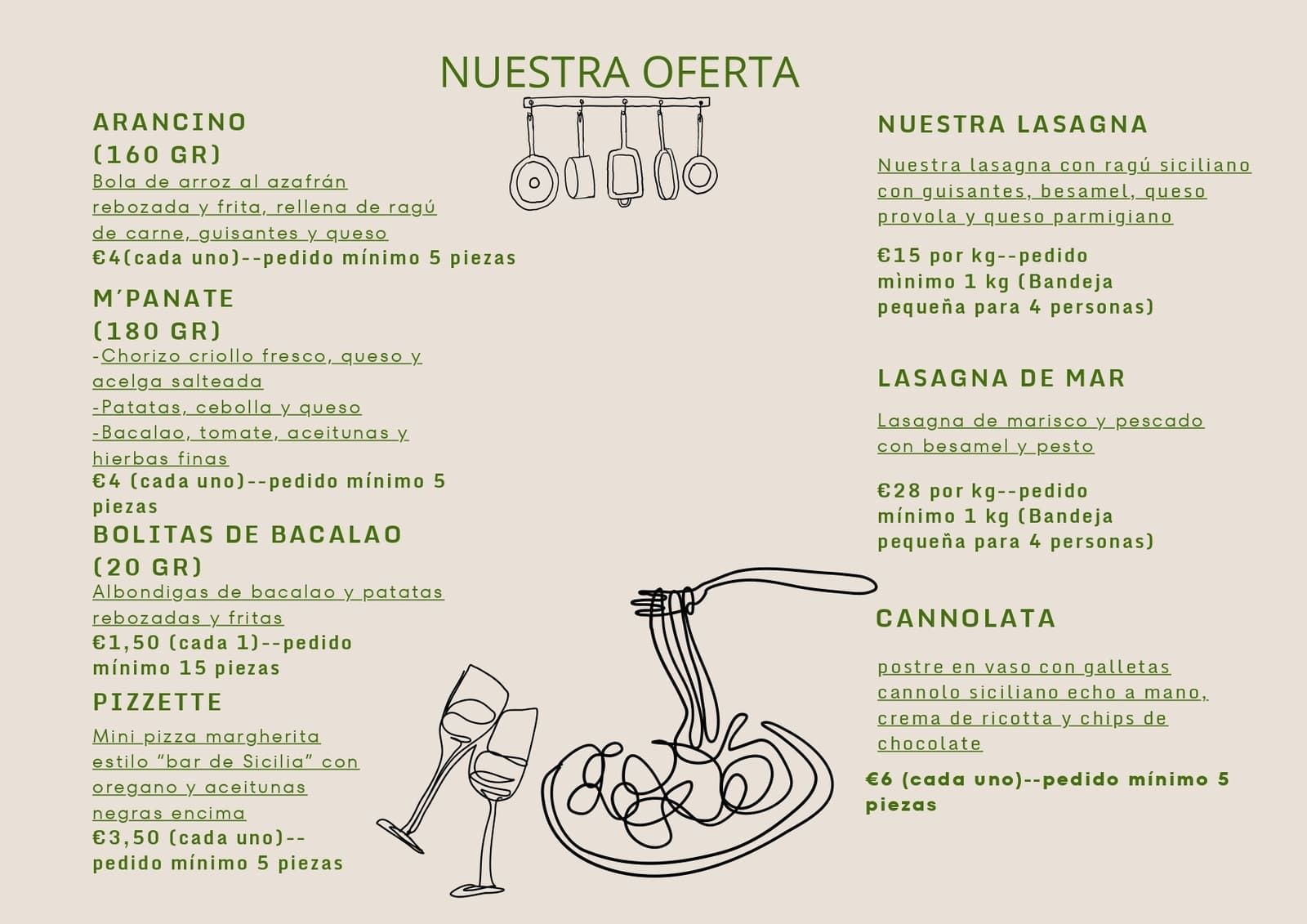 Menú de un restaurante español sobre fondo beige con texto verde y sencillos dibujos lineales de los platos.