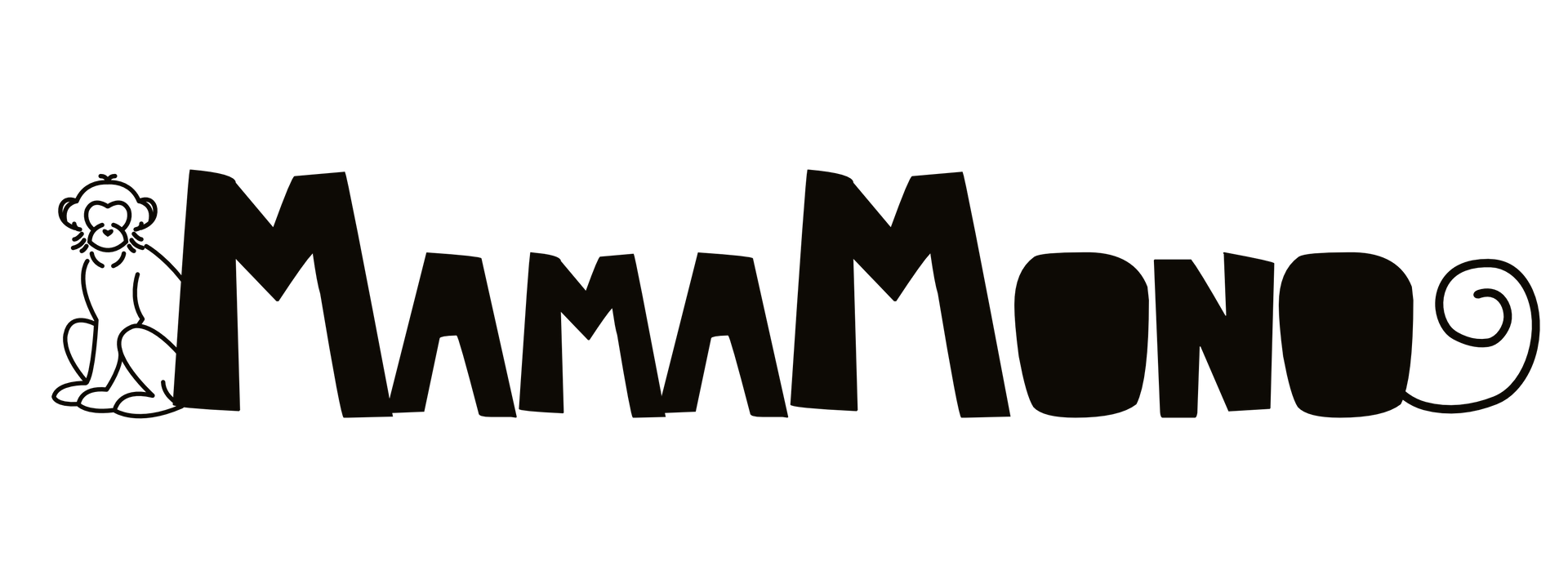 Logotipo de MamaMono con un mono sentado y texto en una fuente divertida.