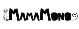 Logotipo estilizado negro de “MmmMomo” con una pequeña figura de dibujos animados a la izquierda y una espiral a la derecha.