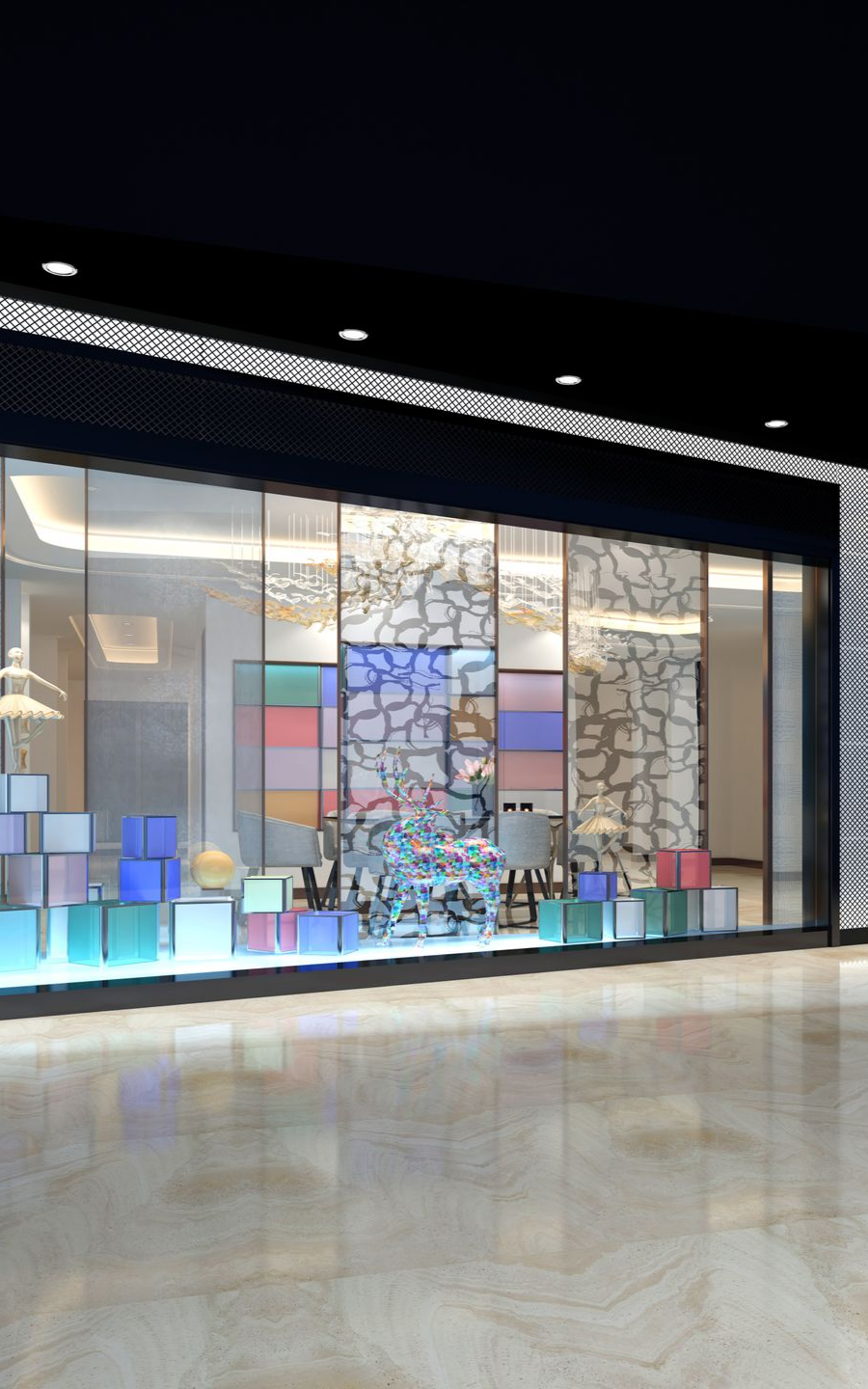 Vitrine composée de boîtes colorées, de motifs abstraits et de verre réfléchissant. Architecture moderne.