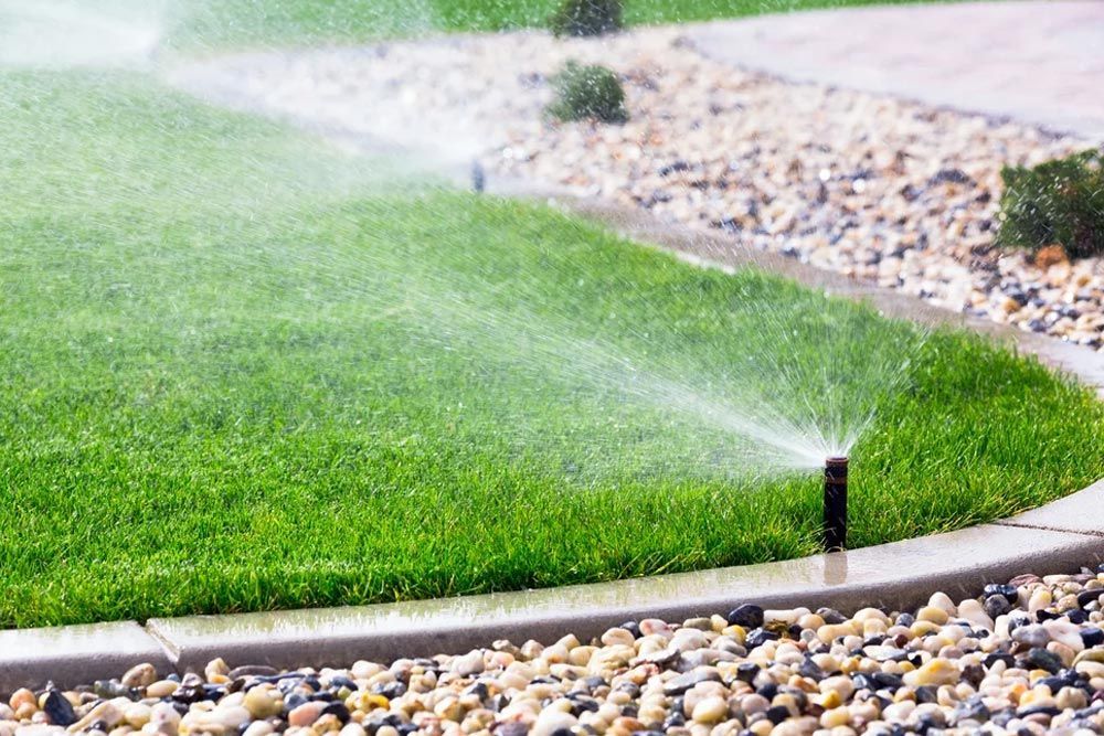 Un aspersor de césped está rociando agua sobre un césped verde y exuberante.