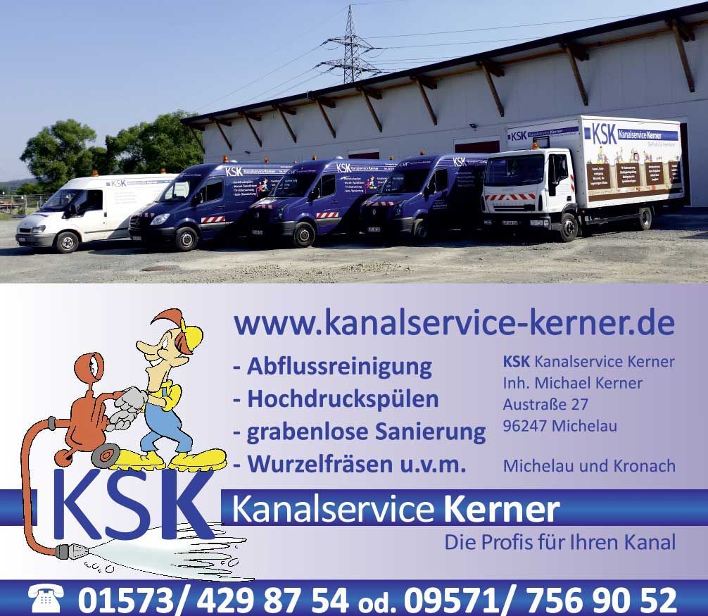 KSK Kanalservice Kerner, Inhaber: Michael Kerner, Michelau i. Ofr. | Rohrreinigung bei Verstopfung Kanalsanierung ohne Aufgraben Wurzelfräsen Fräsroboter Kanal-TV optische Dichtheitsprüfung Einbau von Rückstauklappen Schachtsanierung