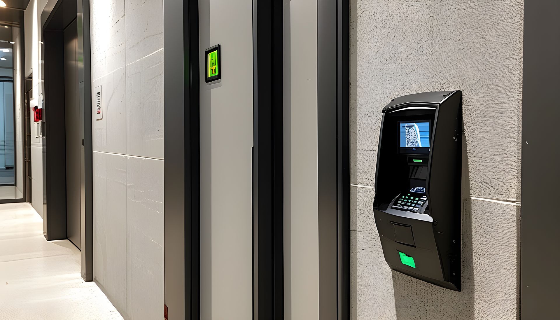 Couloir avec portes d'ascenseur et panneau de contrôle d'accès noir sur la droite.