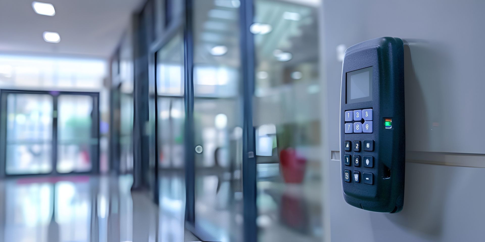 Système de sécurité à clavier numérique fixé au mur d'un couloir d'immeuble, avec des portes vitrées en arrière-plan.