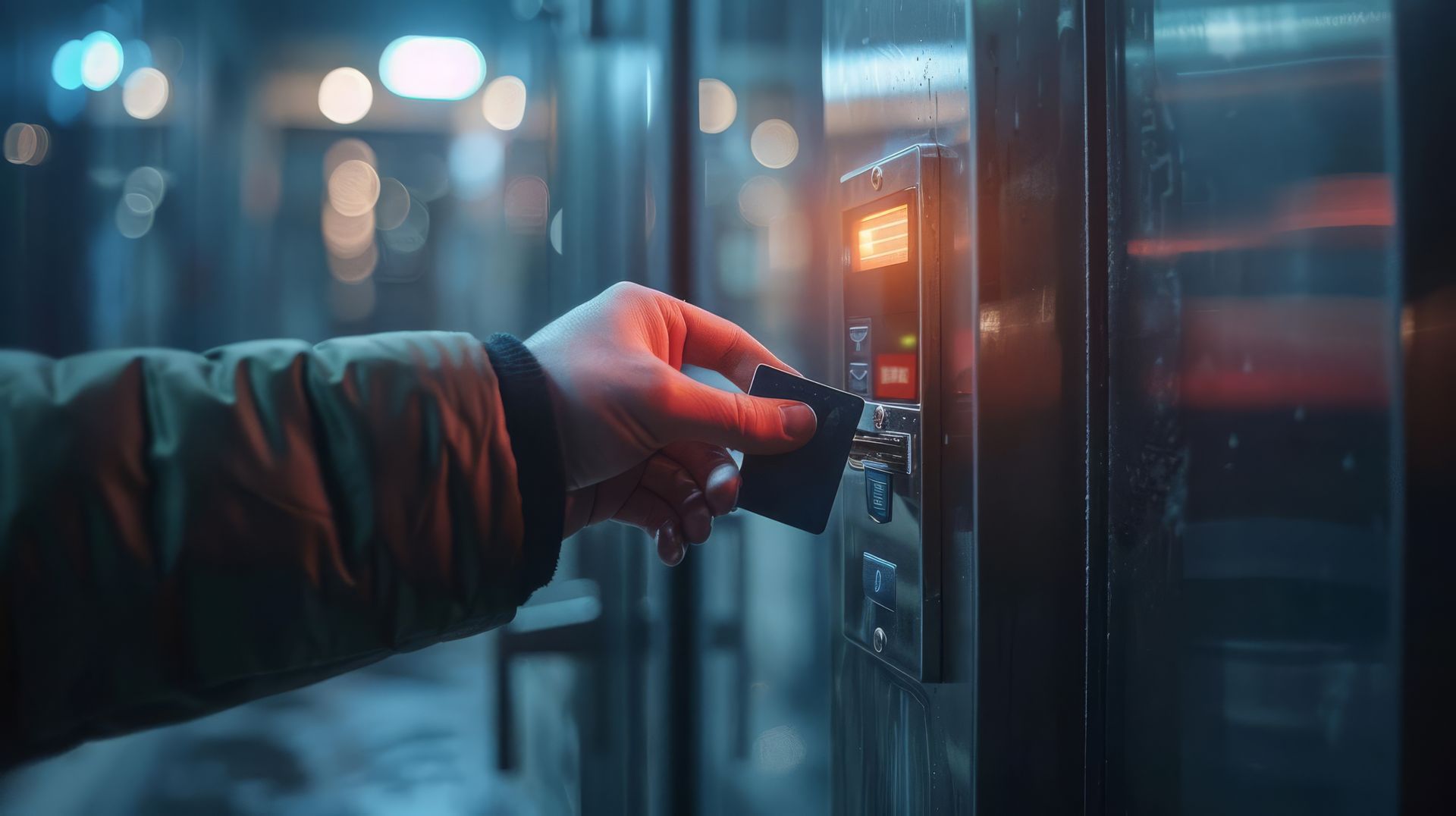 Personne scannant sa carte d'accès sur le panneau de l'ascenseur. Intérieur, nuit, lueur orangée.