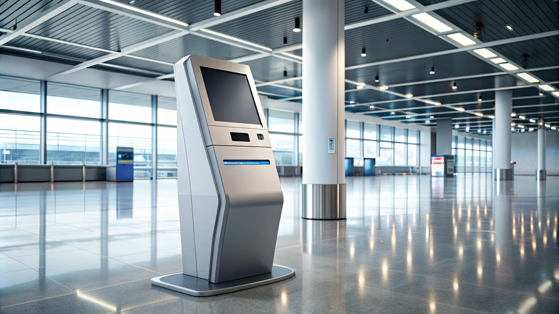 Une borne libre-service dans un terminal d'aéroport lumineux. Elle est équipée d'un grand écran et d'une fente d'impression.