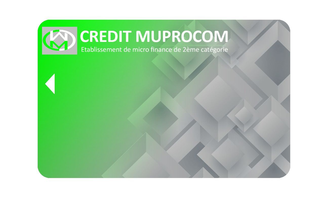 Carte de crédit Muprocom verte et blanche avec logo et fond géométrique.