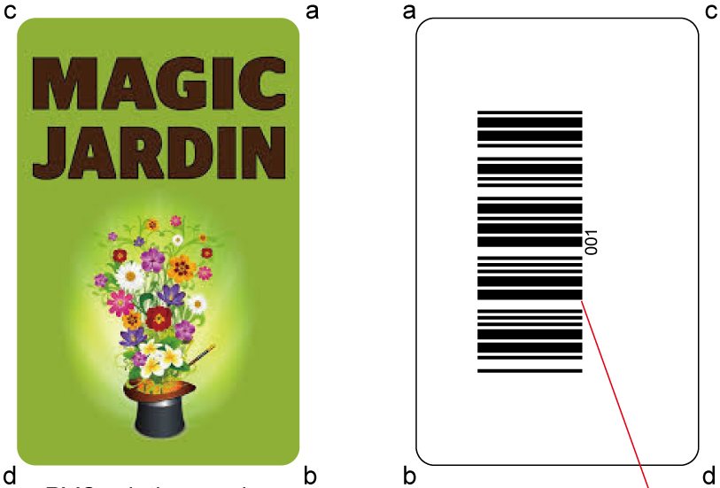 Carte recto-verso : « MAGIC JARDIN » avec illustration florale et un code-barres au verso.