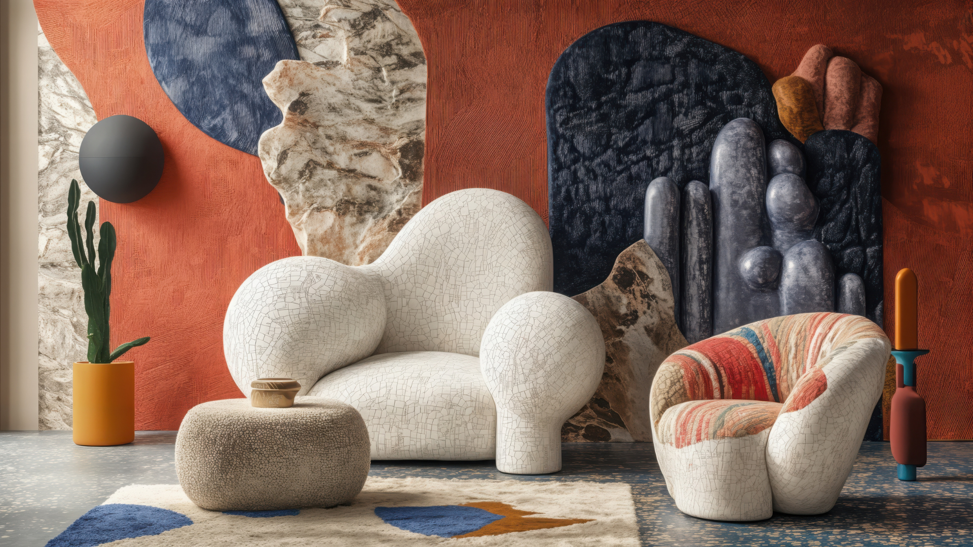 Salon avec meubles moelleux et texturés et œuvres d'art murales abstraites dans des tons orange, bleus et neutres.