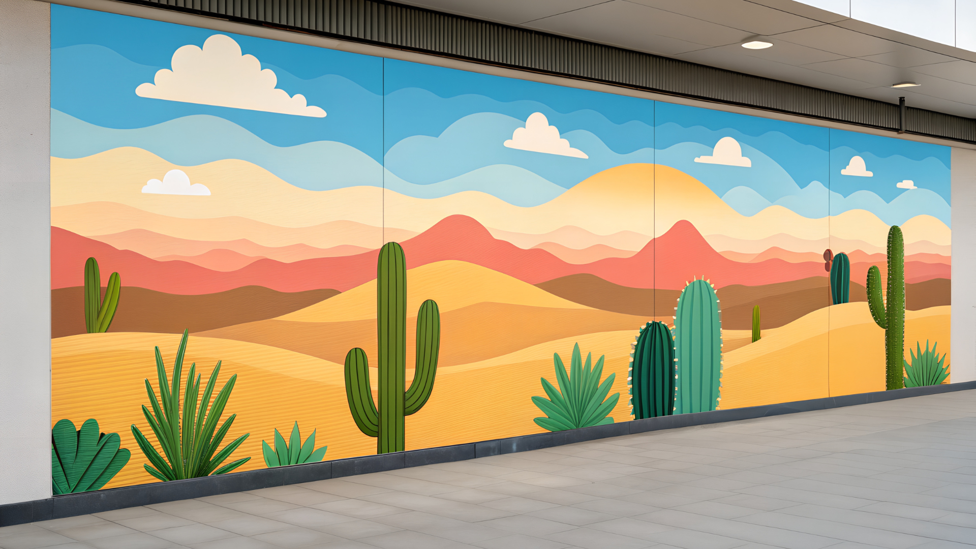 Fresque représentant un paysage désertique avec des cactus, des collines ondulantes et un ciel bleu nuageux.
