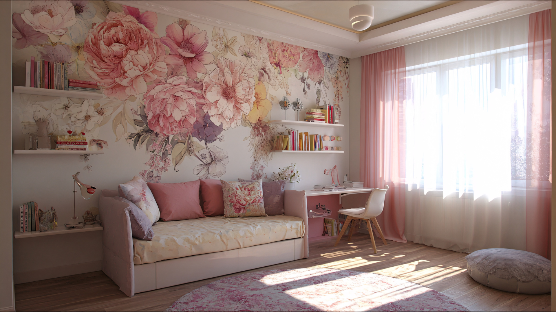 Chambre à coucher rose à motifs floraux avec canapé, bureau et étagères.