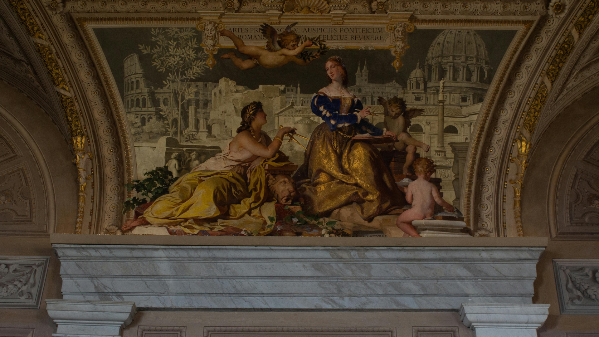 Tableau représentant deux femmes et deux chérubins, avec un paysage urbain en arrière-plan.