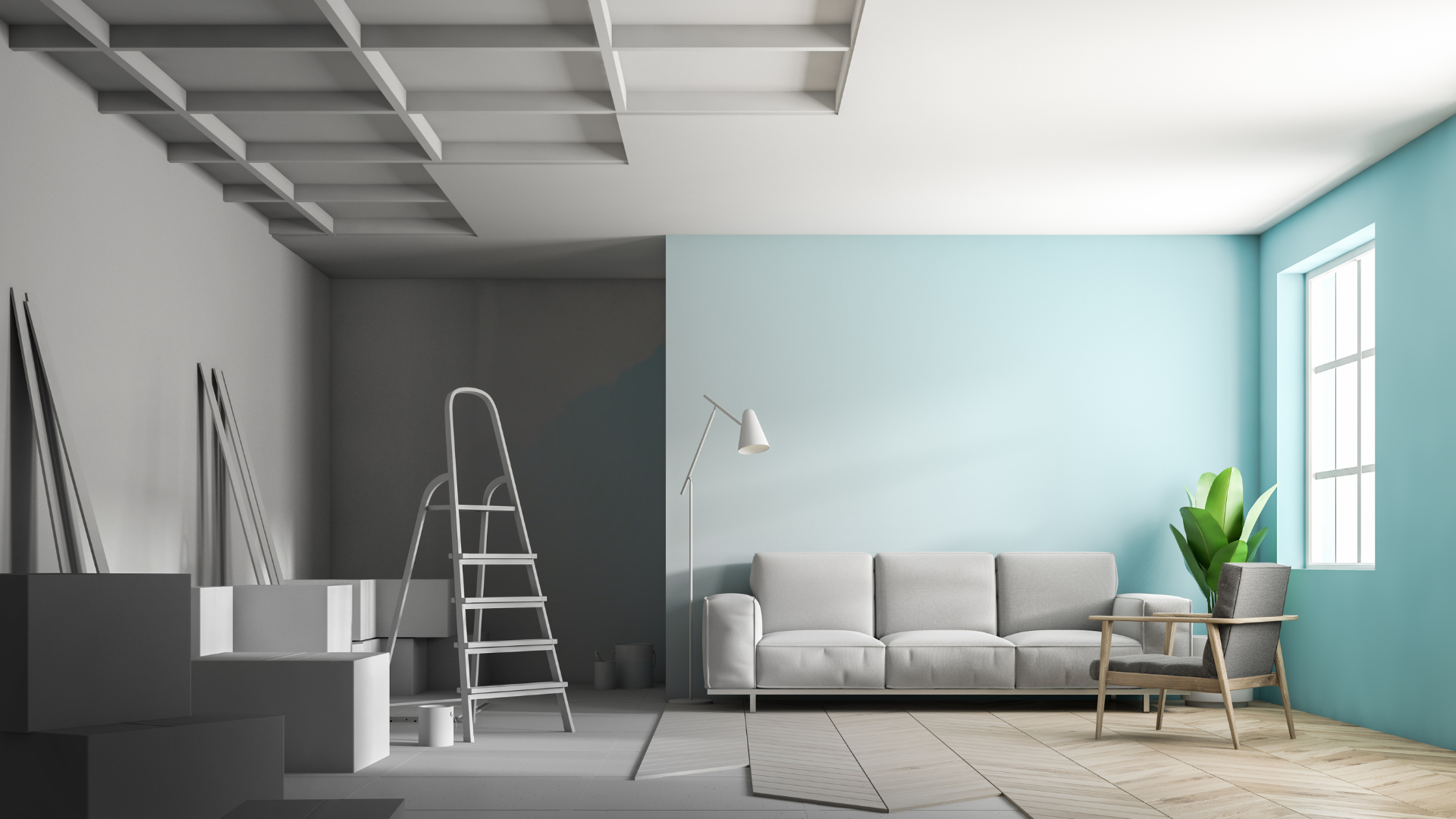 Rénovation de la chambre : une moitié est finie avec des murs et un plafond gris.