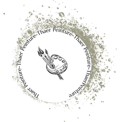 Logo : Un motif circulaire représentant des pinceaux et une palette, avec le texte « Peinture-Thaer » qui l'entoure.