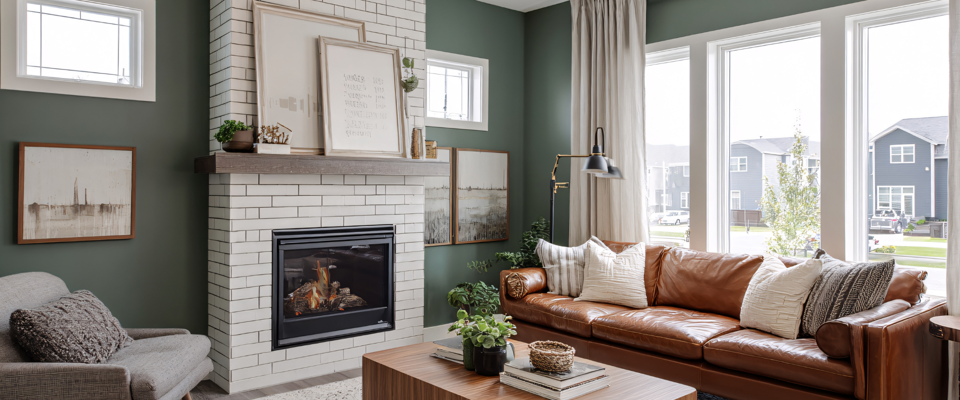 Salon avec un mur vert, une cheminée en briques et un canapé en cuir marron.