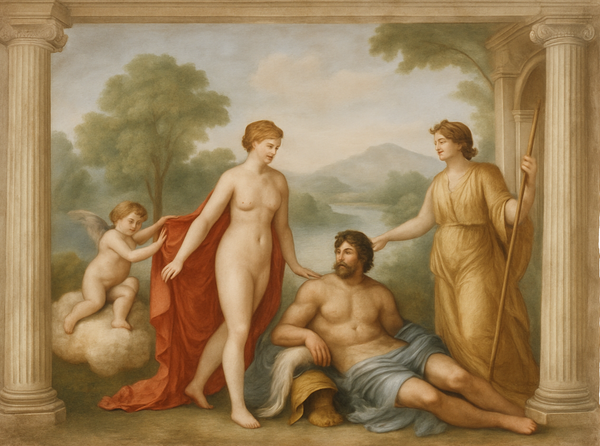 Tableau représentant des personnages : Cupidon, une femme nue drapée de rouge.