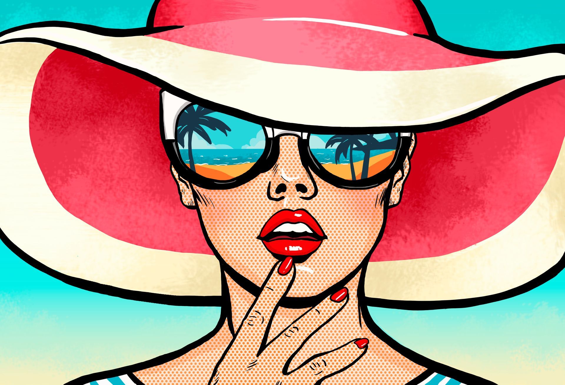 Illustration représentantune femme avec chapeau et lunettes de soleil, graphisme de style comics