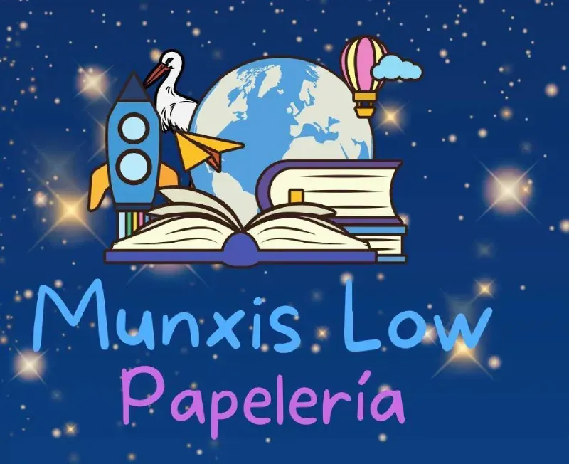 Logotipo para Munxis-Low Papelería. Globo terráqueo, libros, cohete, cigüeña, avión de papel y globo aerostático
