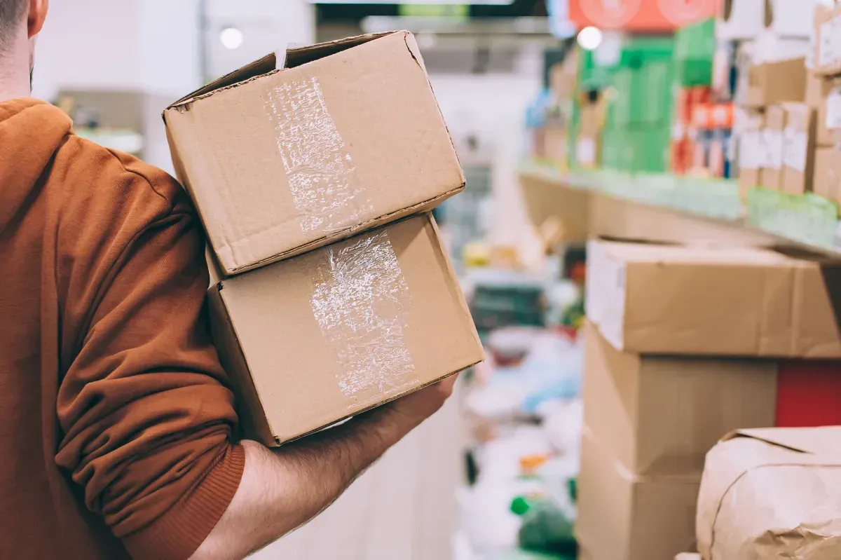 Persona que lleva dos cajas de cartón en el pasillo de una tienda.