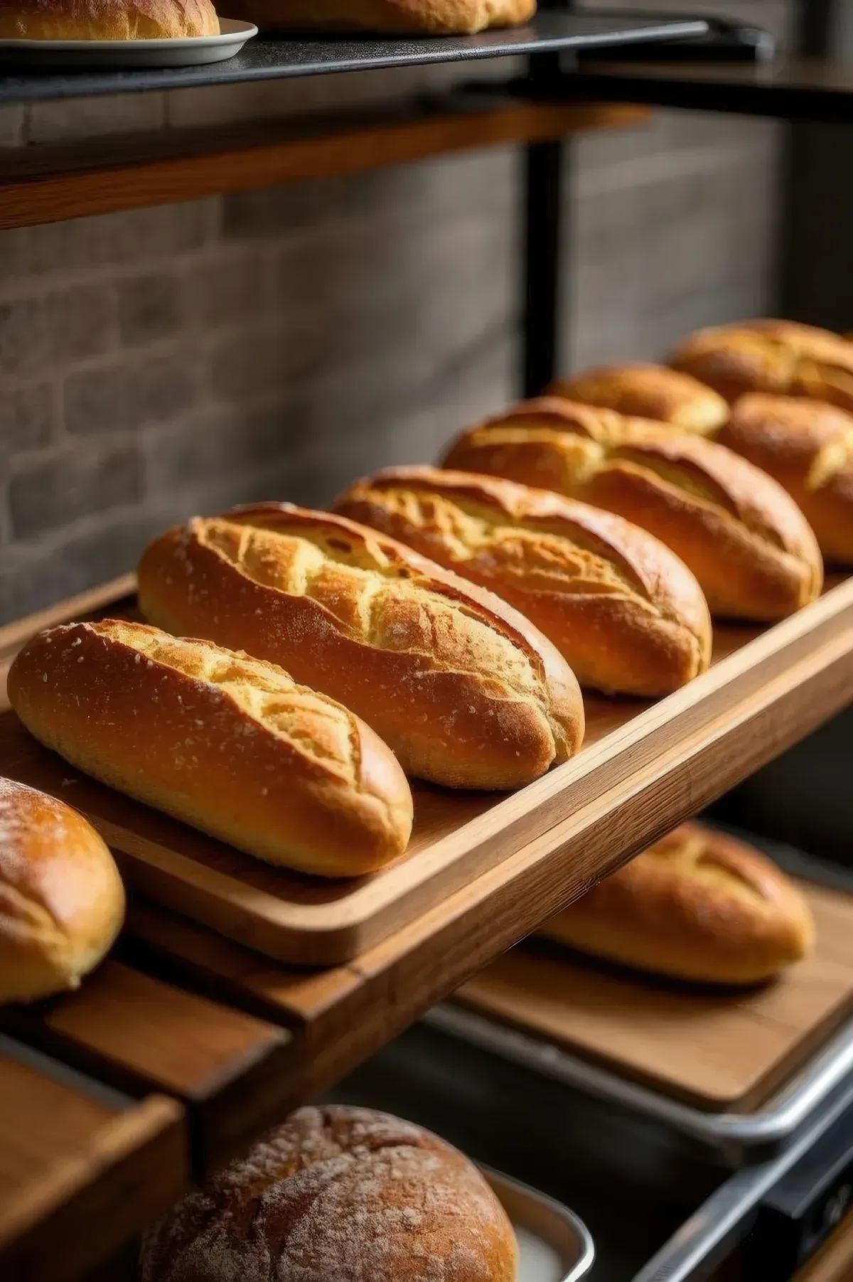 Panes recién horneados dispuestos en estantes de madera en un entorno de panadería.
