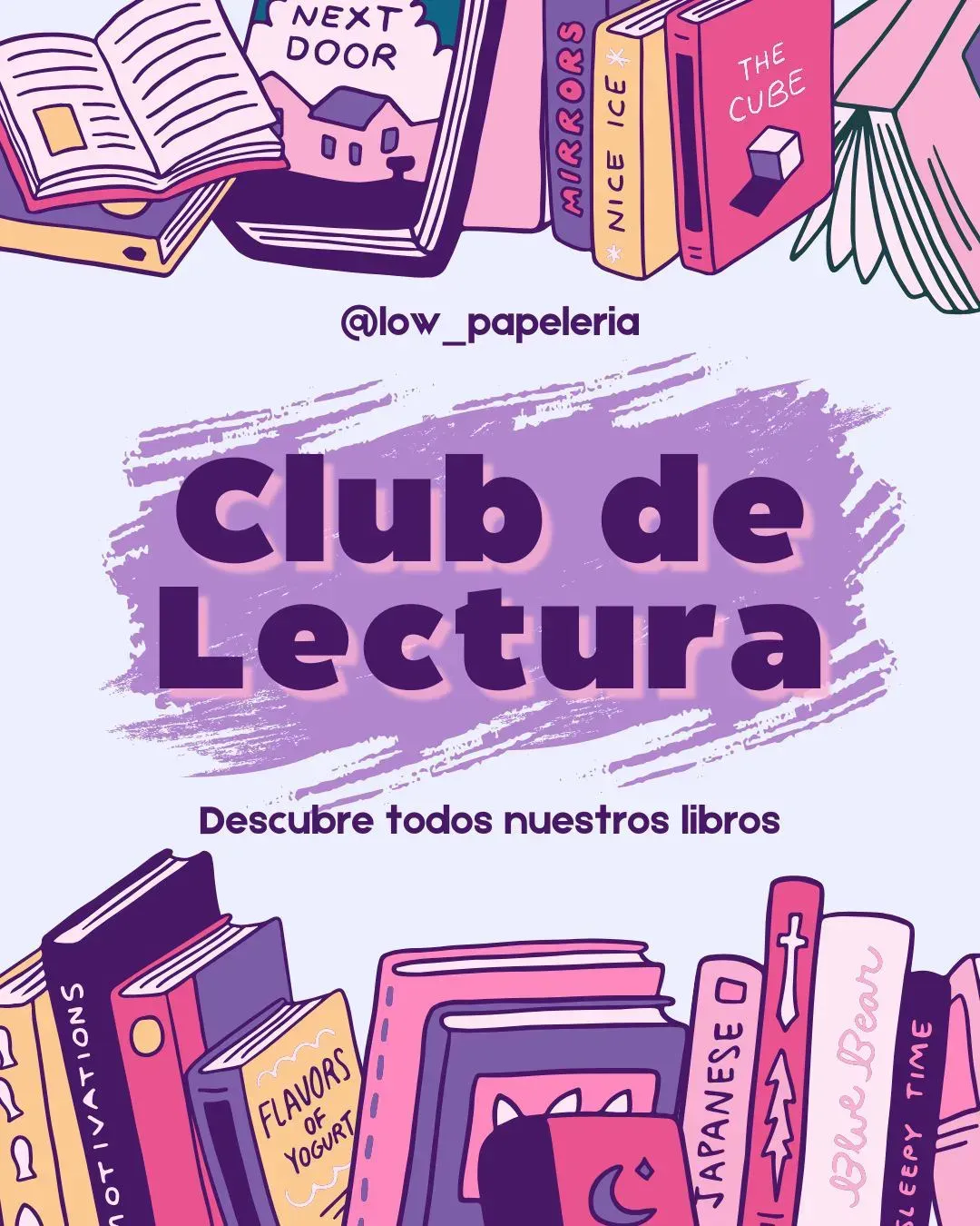 Cartel para un club de lectura con ilustraciones de libros en tonos pastel. Texto: 