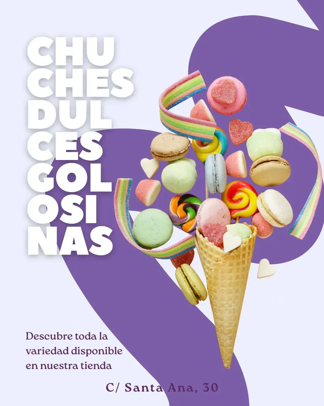 Afiche: caramelos y golosinas desbordando de un cono, fondo morado, texto 