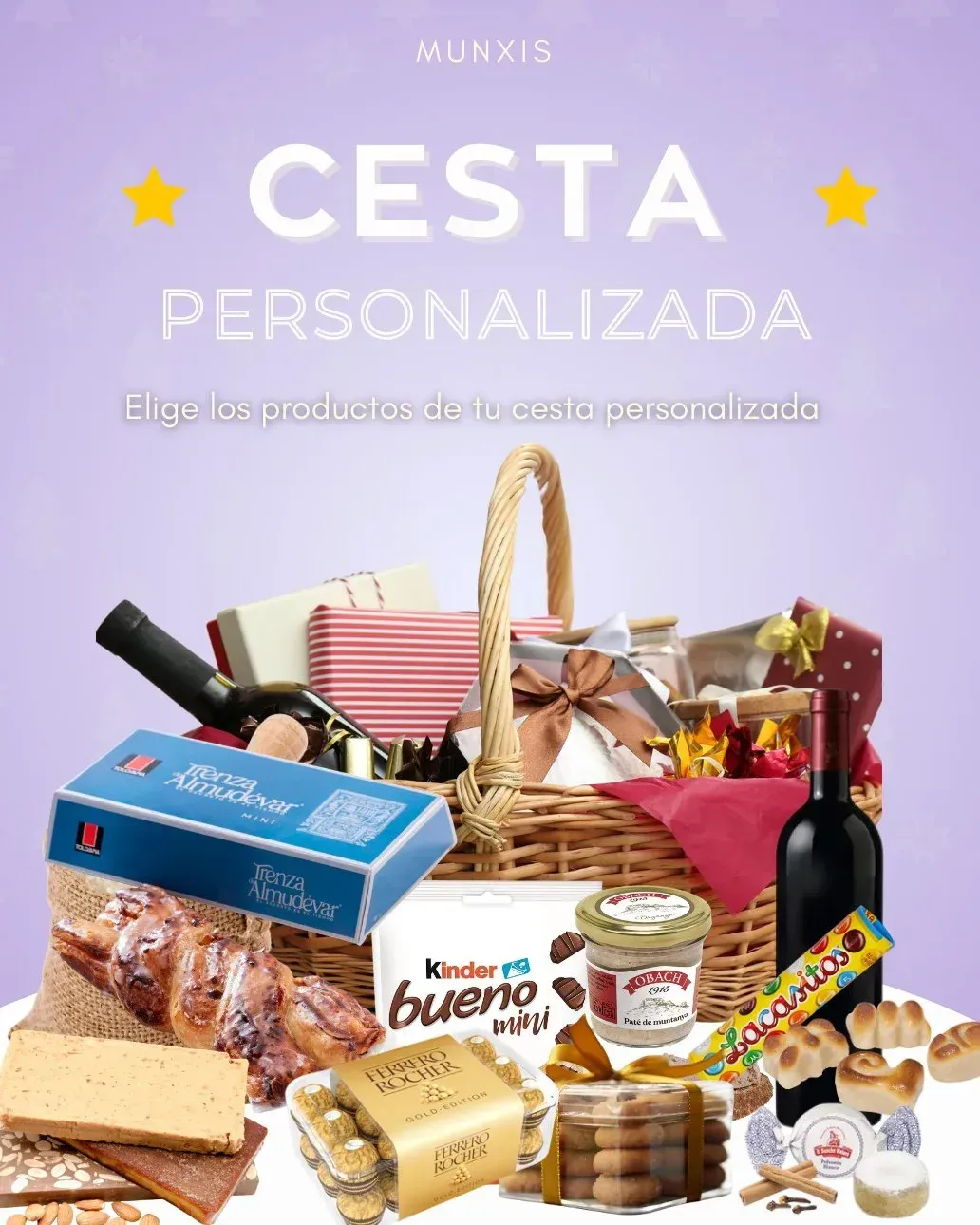 Cesta personalizada con diversos dulces gourmet y una botella de vino. Fondo morado con estrellas.