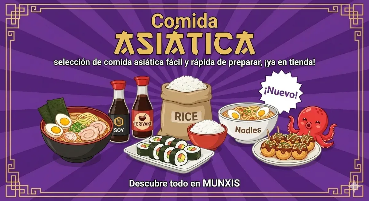 Anuncio de comida asiática, con diversos platos como ramen, sushi y takoyaki, sobre un fondo morado.
