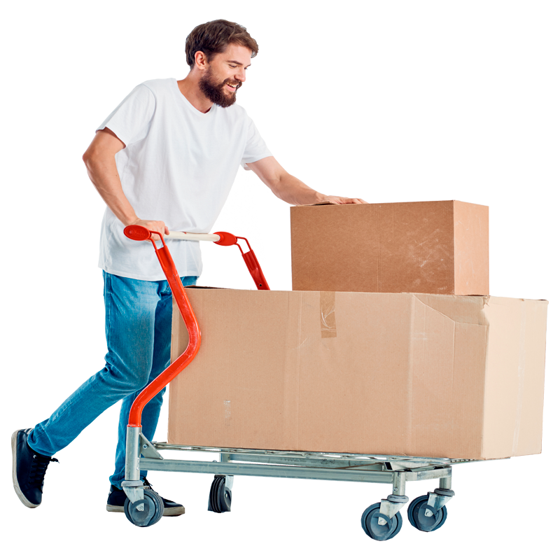 Homme qui fait rouler un chariot de cartons